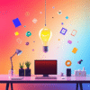 3D render of a creative workspace with a glowing abstract light bulb, colorful floating geometric shapes, and digital icons on a vibrant gradient b...