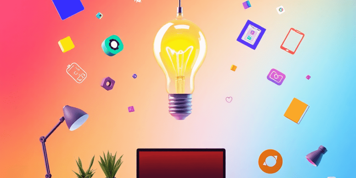 3D render of a creative workspace with a glowing abstract light bulb, colorful floating geometric shapes, and digital icons on a vibrant gradient b...