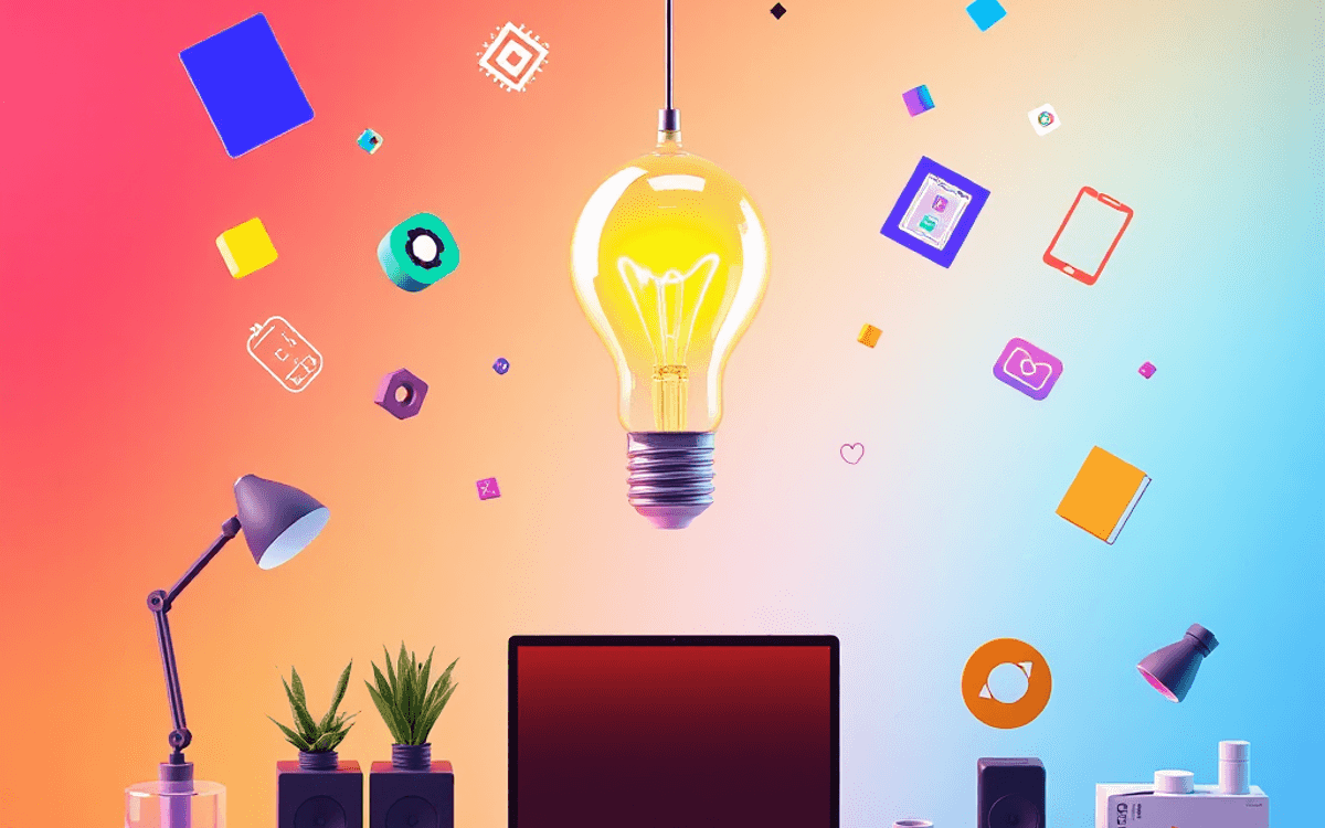 3D render of a creative workspace with a glowing abstract light bulb, colorful floating geometric shapes, and digital icons on a vibrant gradient b...