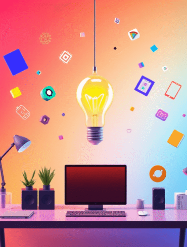 3D render of a creative workspace with a glowing abstract light bulb, colorful floating geometric shapes, and digital icons on a vibrant gradient b...