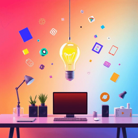 3D render of a creative workspace with a glowing abstract light bulb, colorful floating geometric shapes, and digital icons on a vibrant gradient b...