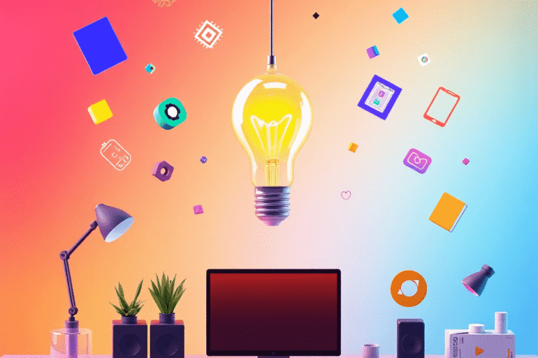 3D render of a creative workspace with a glowing abstract light bulb, colorful floating geometric shapes, and digital icons on a vibrant gradient b...