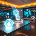 A sleek futuristic workspace with glowing holographic 3D shapes and neon lights in a modern environment symbolizing advanced AI technology.