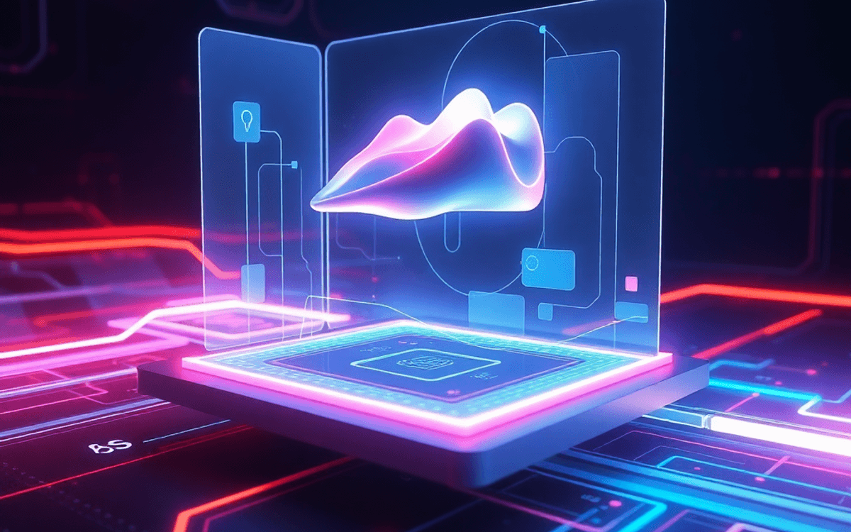 Futuristic digital workspace with glowing 3D model above transparent holographic interface, surrounded by geometric shapes and vibrant light trails...