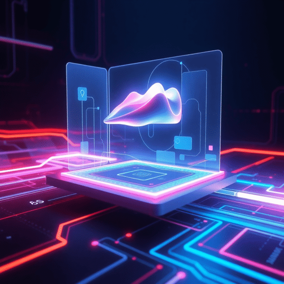 Futuristic digital workspace with glowing 3D model above transparent holographic interface, surrounded by geometric shapes and vibrant light trails...