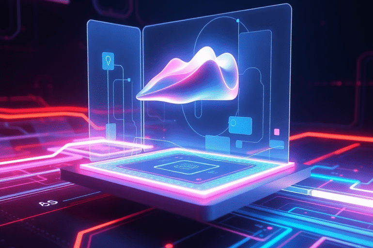 Futuristic digital workspace with glowing 3D model above transparent holographic interface, surrounded by geometric shapes and vibrant light trails...