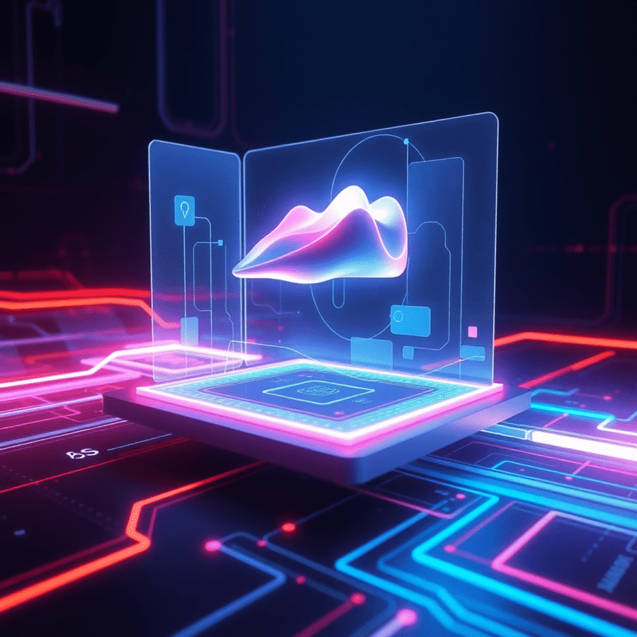 Futuristic digital workspace with glowing 3D model above transparent holographic interface, surrounded by geometric shapes and vibrant light trails...